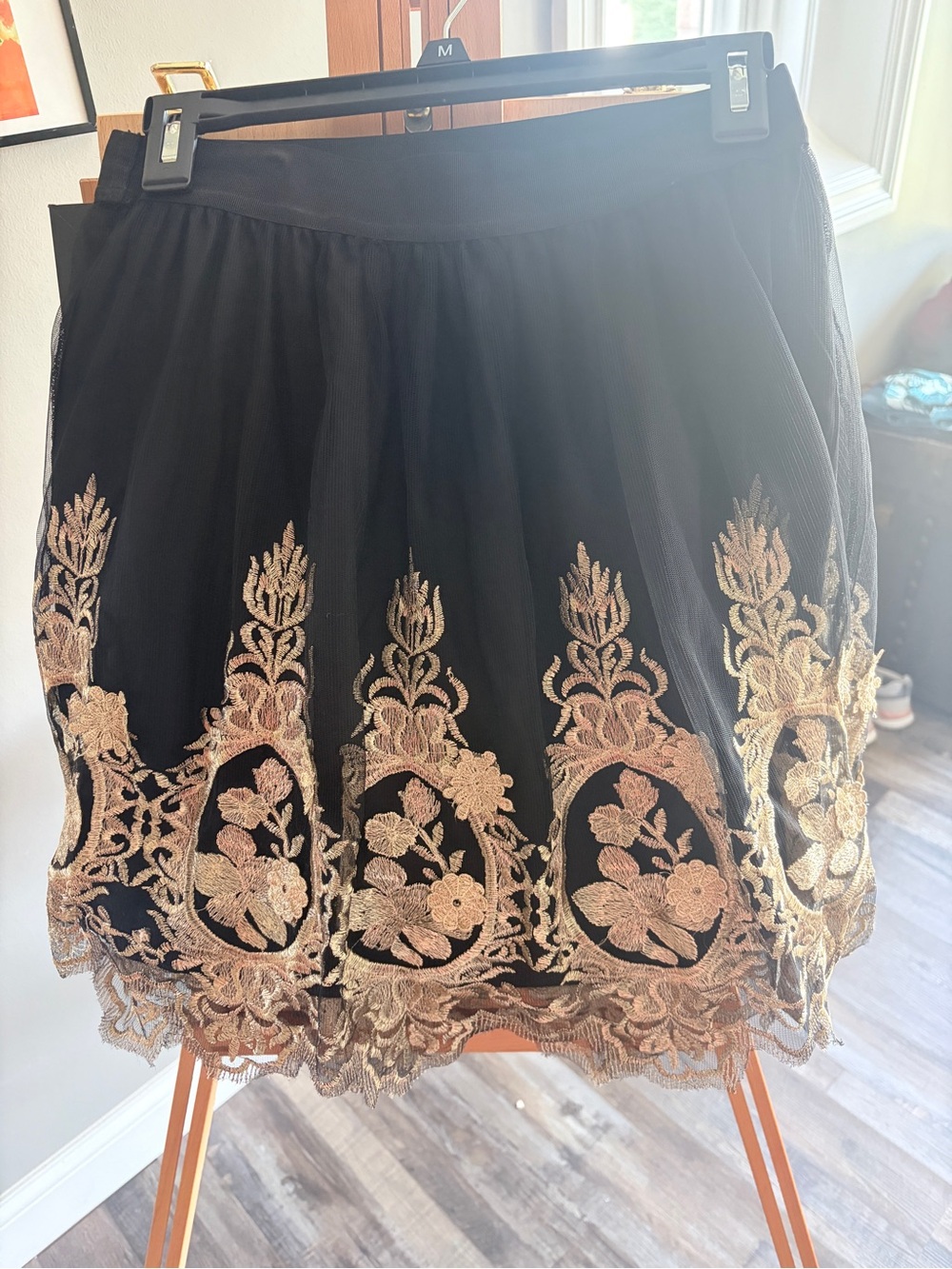 Ark & Co Black Mini Skirt with Gold Floral Embroidery